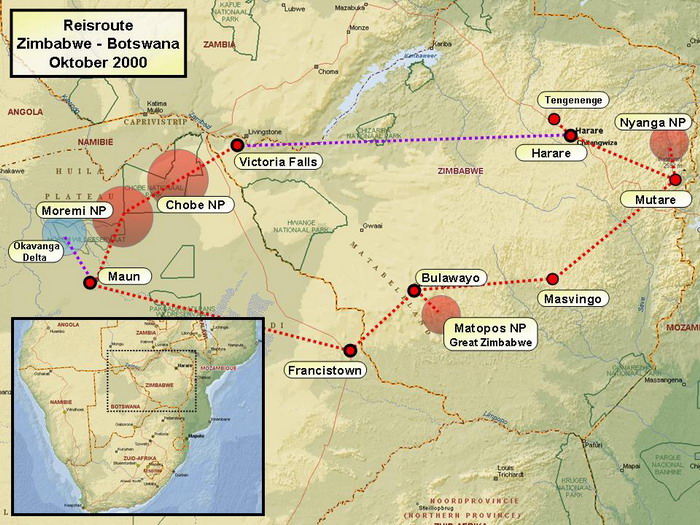 Travel route / Map In 2000 I visited some of the most beautiful wildlife parks of Africa. In the Okavanga delta we travelled with a mokoro (a kind of canoe) for 4 days. Afterwards we toured by jeep through the wildlife parks of Chobe and Moremi. Encounters with zebras, elephants, giraffa, gnus, impalas, lions, buffalos, crocodiles, eagles, ,... guaranteed. Stefan Cruysberghs